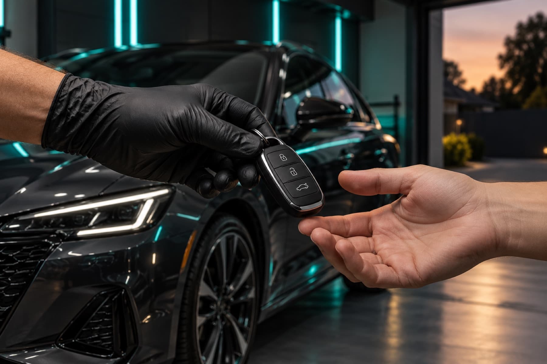 Mão entregando a chave de um carro recém-limpo na garagem