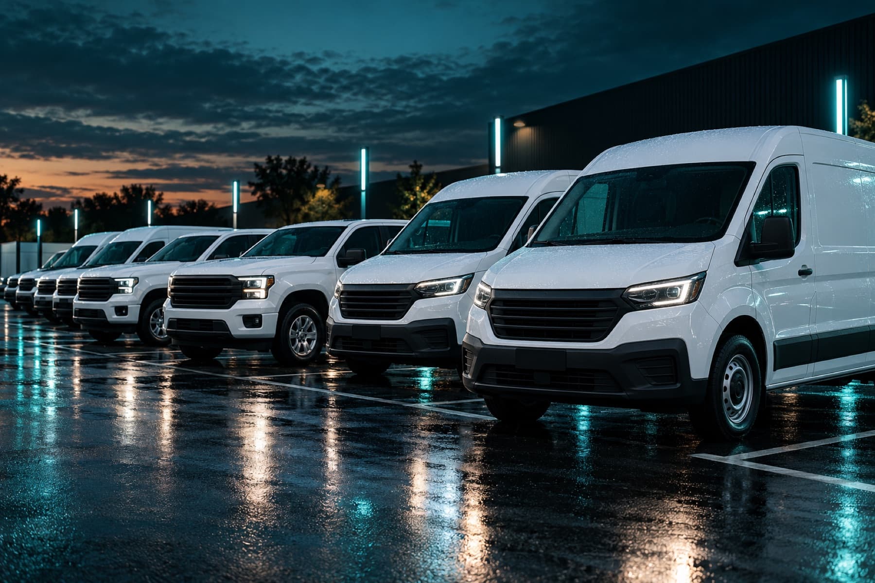 Fileira de vans e picapes brancas limpas num pátio ao entardecer